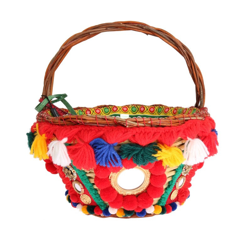 Dolce & Gabbana AGNESE Stroh Kristall Pom Pom Tasche in Beige