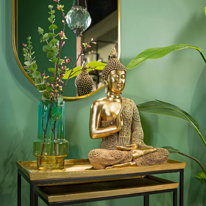 Buddha Statue aus Polyresin – Goldene Harmonie für dein Zuhause