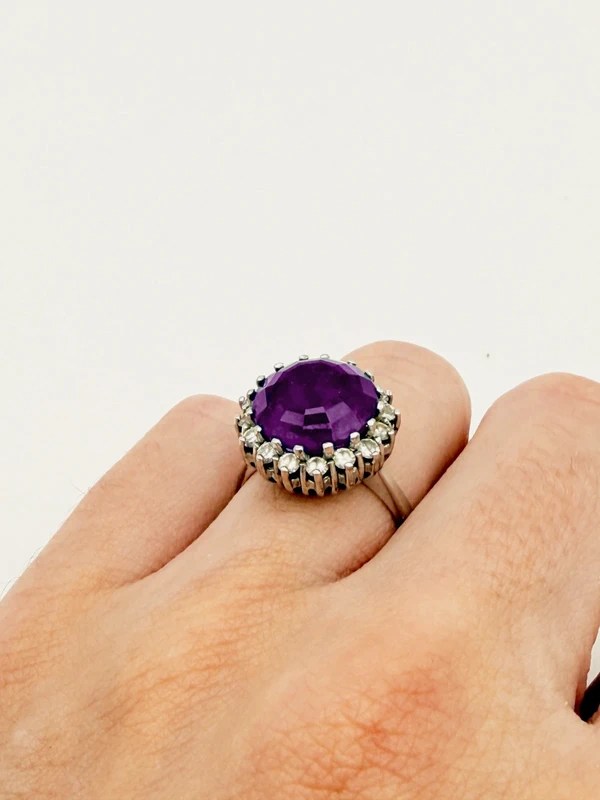 Echter Amethyst Ring 14k Weißgold 585 mit Diamanten – Vintage Cocktail Ring Violett