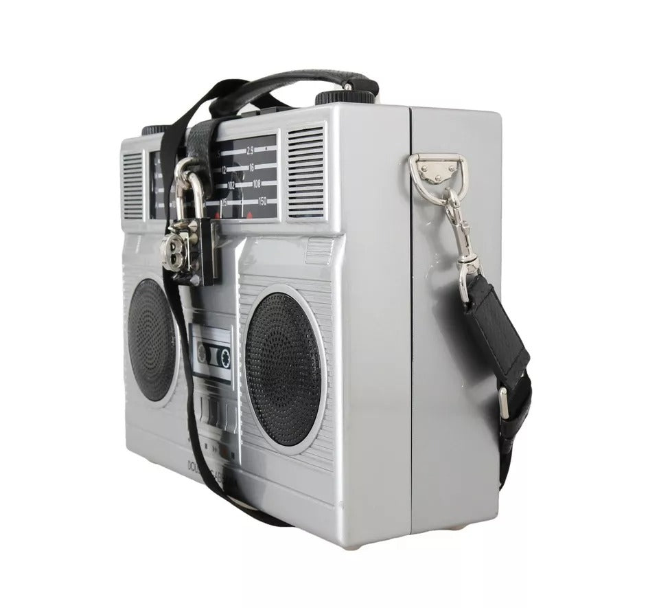Dolce & Gabbana Silberne Retro Radio Boombox Handgefertigte Designer Tasche