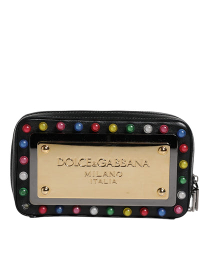 Dolce & Gabbana Czarna skórzana kopertówka z paskiem na nadgarstek z logo LED – elegancja na każdą okazję