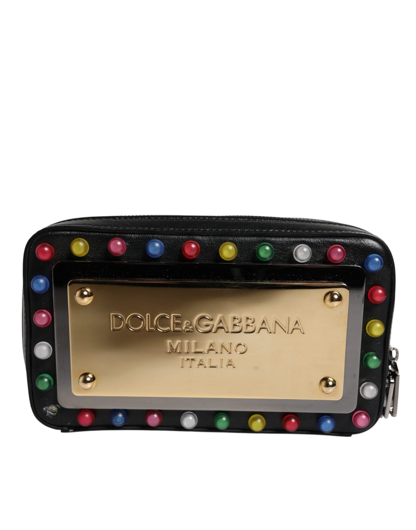 Dolce & Gabbana Czarna skórzana kopertówka z paskiem na nadgarstek z logo LED – elegancja na każdą okazję
