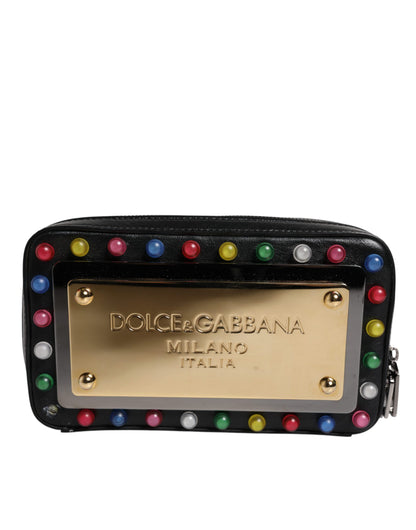 Dolce & Gabbana Czarna skórzana kopertówka z paskiem na nadgarstek z logo LED – elegancja na każdą okazję