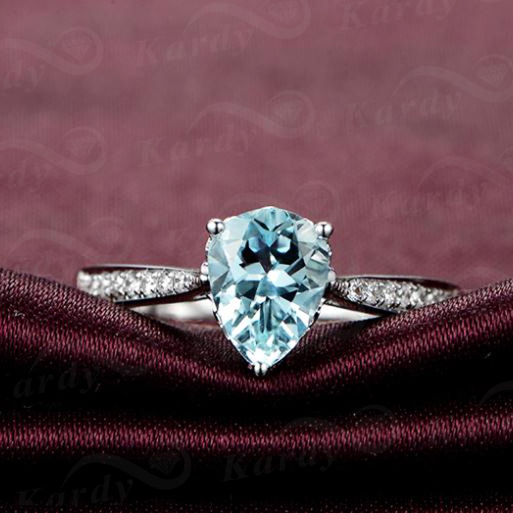 Einzigartig Damen Schmuck Solide 14K (585) Weißgold natürlich Aquamarin Diamant Verlobungsringe Versprechen Hochzeit Ring
