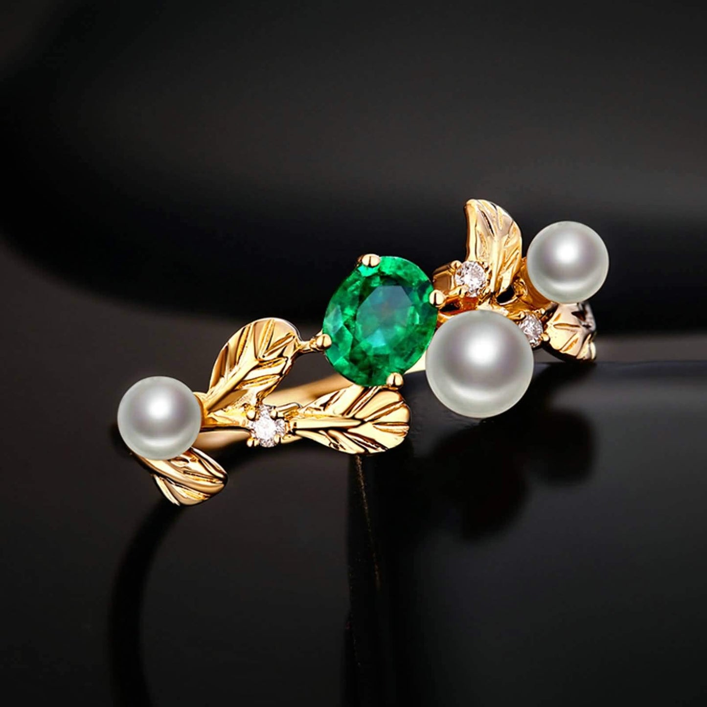 Beydodo Ring Diamond Gold 750 Leaf with Pearl Oval Emerald 0.4ct Wedding Rings Wedding Ring for Women