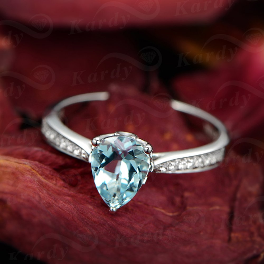 Einzigartig Damen Schmuck Solide 14K (585) Weißgold natürlich Aquamarin Diamant Verlobungsringe Versprechen Hochzeit Ring