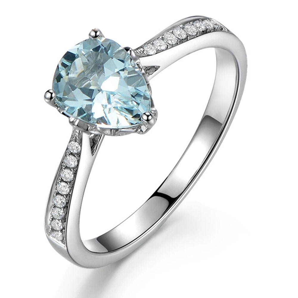 Einzigartig Damen Schmuck Solide 14K (585) Weißgold natürlich Aquamarin Diamant Verlobungsringe Versprechen Hochzeit Ring