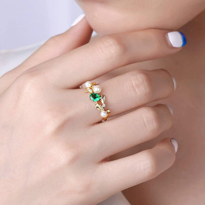 Beydodo Ring Diamond Gold 750 Leaf with Pearl Oval Emerald 0.4ct Wedding Rings Wedding Ring for Women