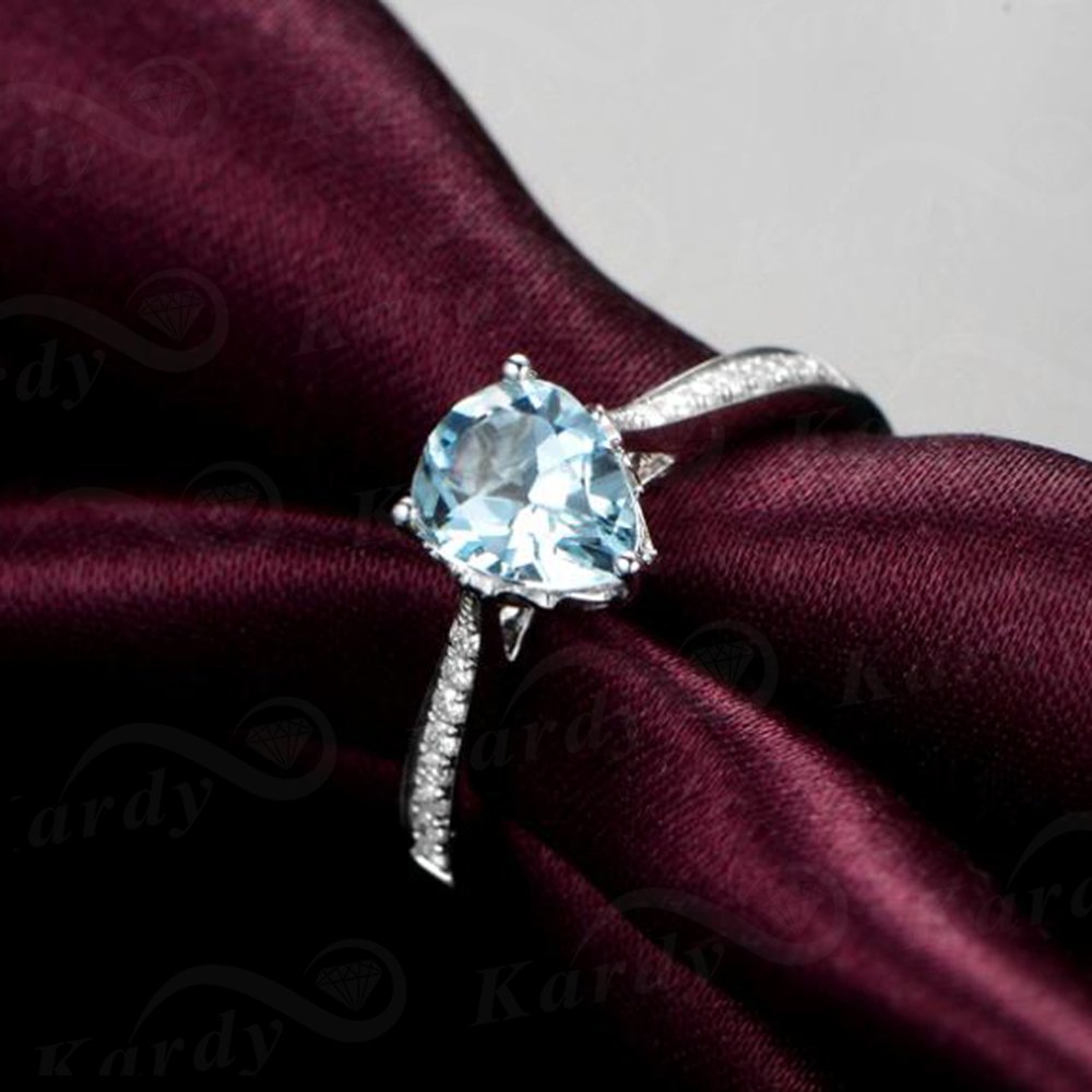Einzigartig Damen Schmuck Solide 14K (585) Weißgold natürlich Aquamarin Diamant Verlobungsringe Versprechen Hochzeit Ring