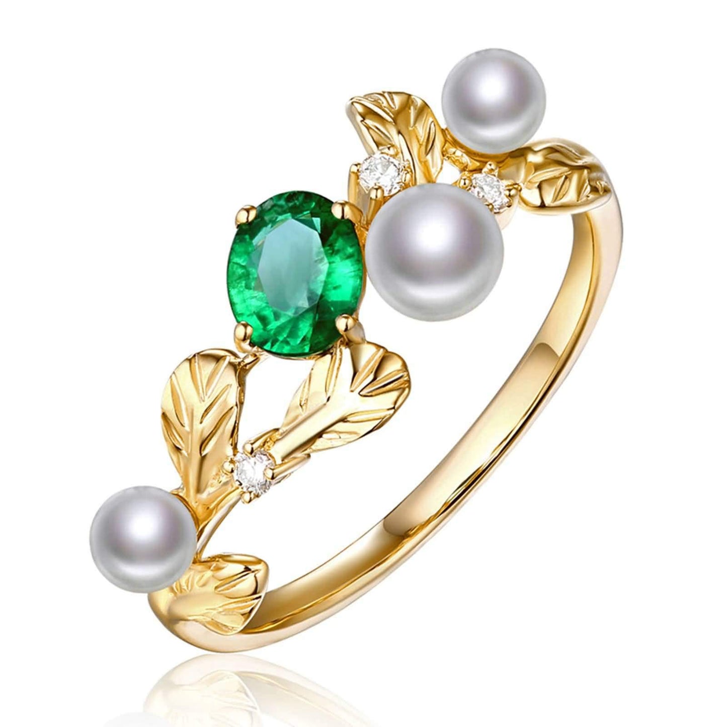 Beydodo Ring Diamond Gold 750 Leaf with Pearl Oval Emerald 0.4ct Wedding Rings Wedding Ring for Women