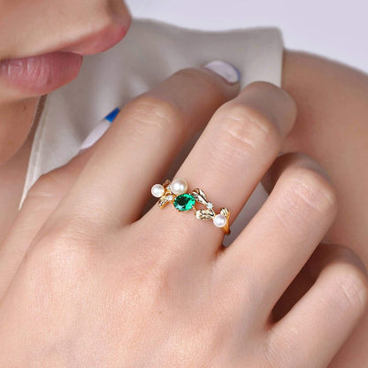 Beydodo Ring Diamond Gold 750 Leaf with Pearl Oval Emerald 0.4ct Wedding Rings Wedding Ring for Women