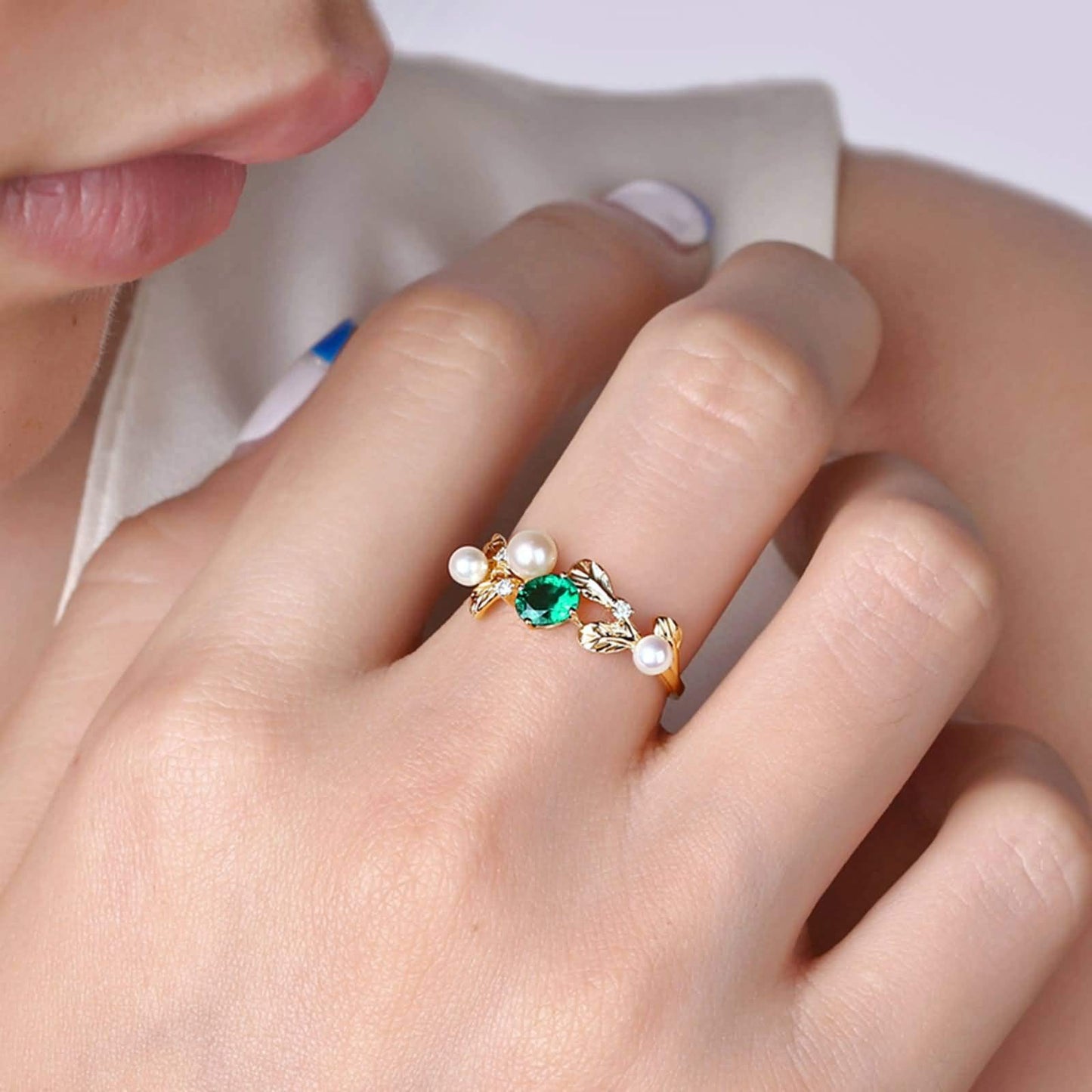 Beydodo Ring Diamond Gold 750 Leaf with Pearl Oval Emerald 0.4ct Wedding Rings Wedding Ring for Women