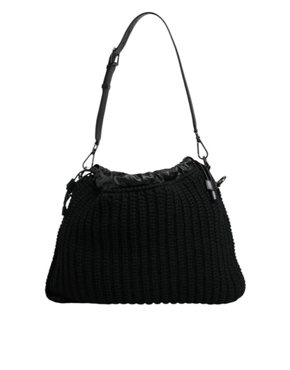 Dolce & Gabbana Schwarze Umhängetasche aus Leder mit Kaschmirstrick - Luxus Damenhandtasche
