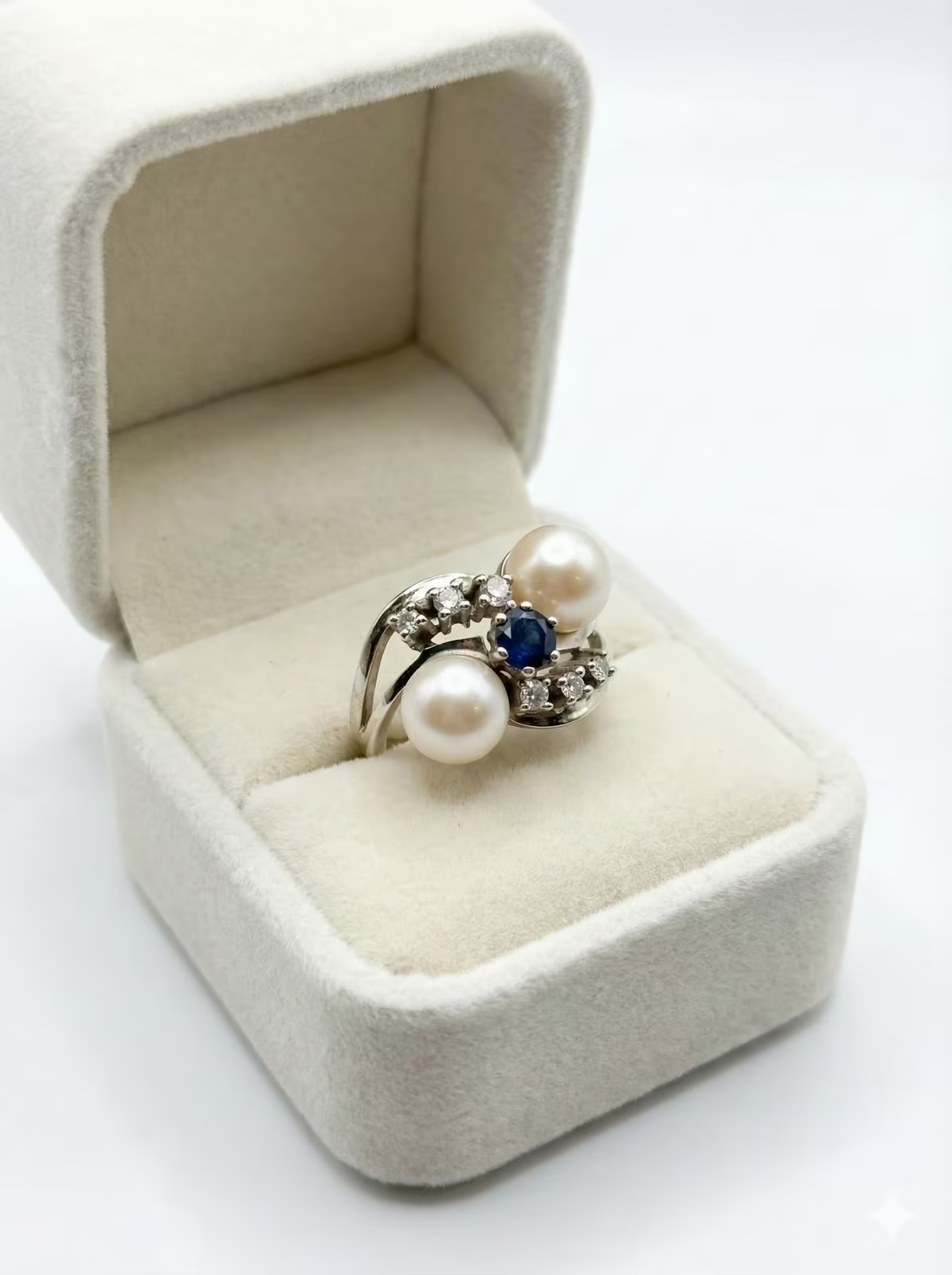 Eleganter Vintage Ring in 585er Gold mit Saphir & Perlen – Gr. 54