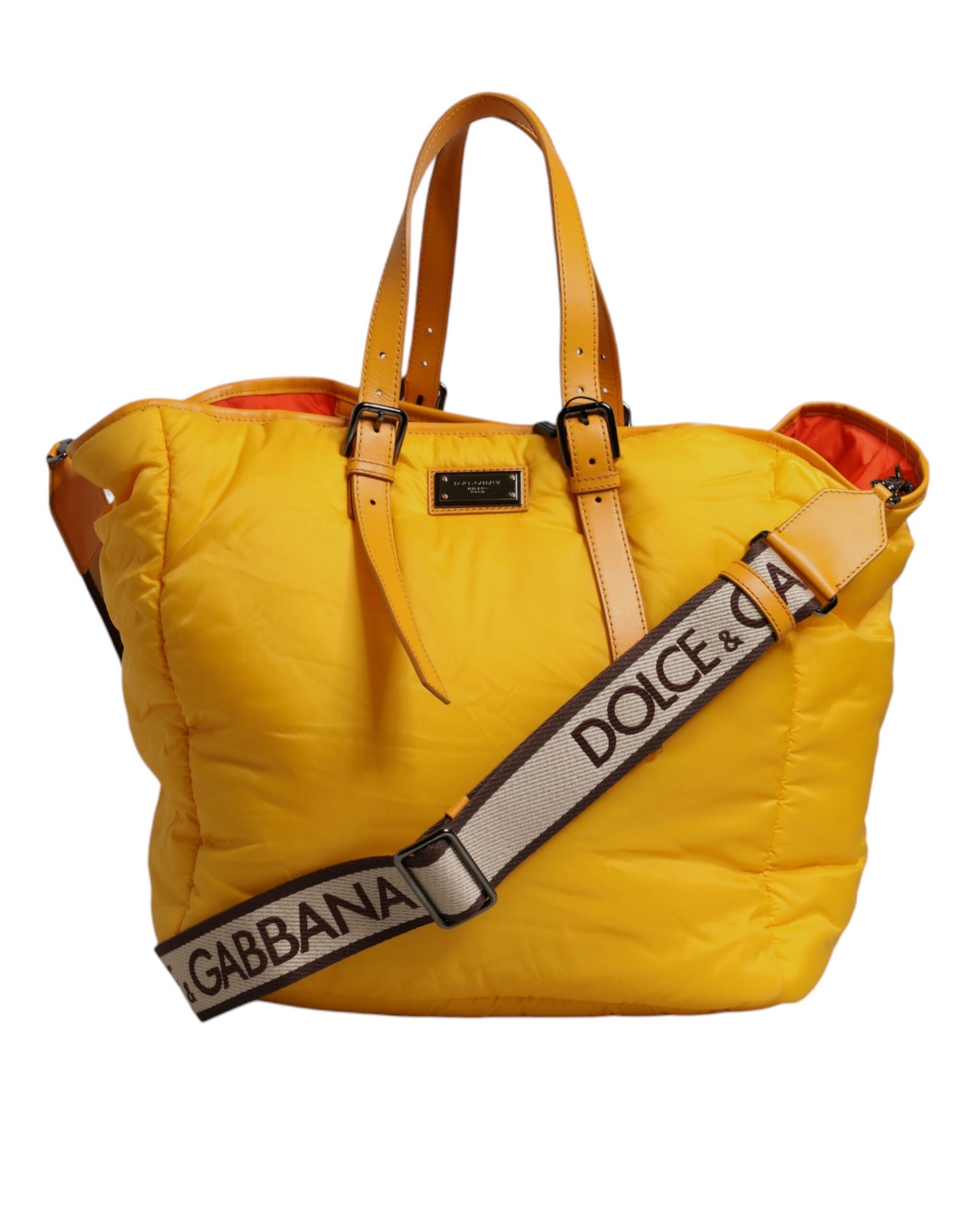 Dolce & Gabbana Gelbe Orange Nylon Logo Plaque Hand Schulter Duffle Bag – Exklusive Designer Tasche für Frauen
