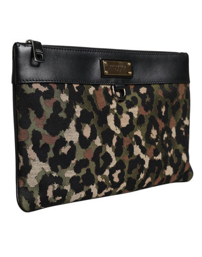 Dolce & Gabbana Multicolor Leopard Jacquard Print Logo Plaque Pouch Tasche