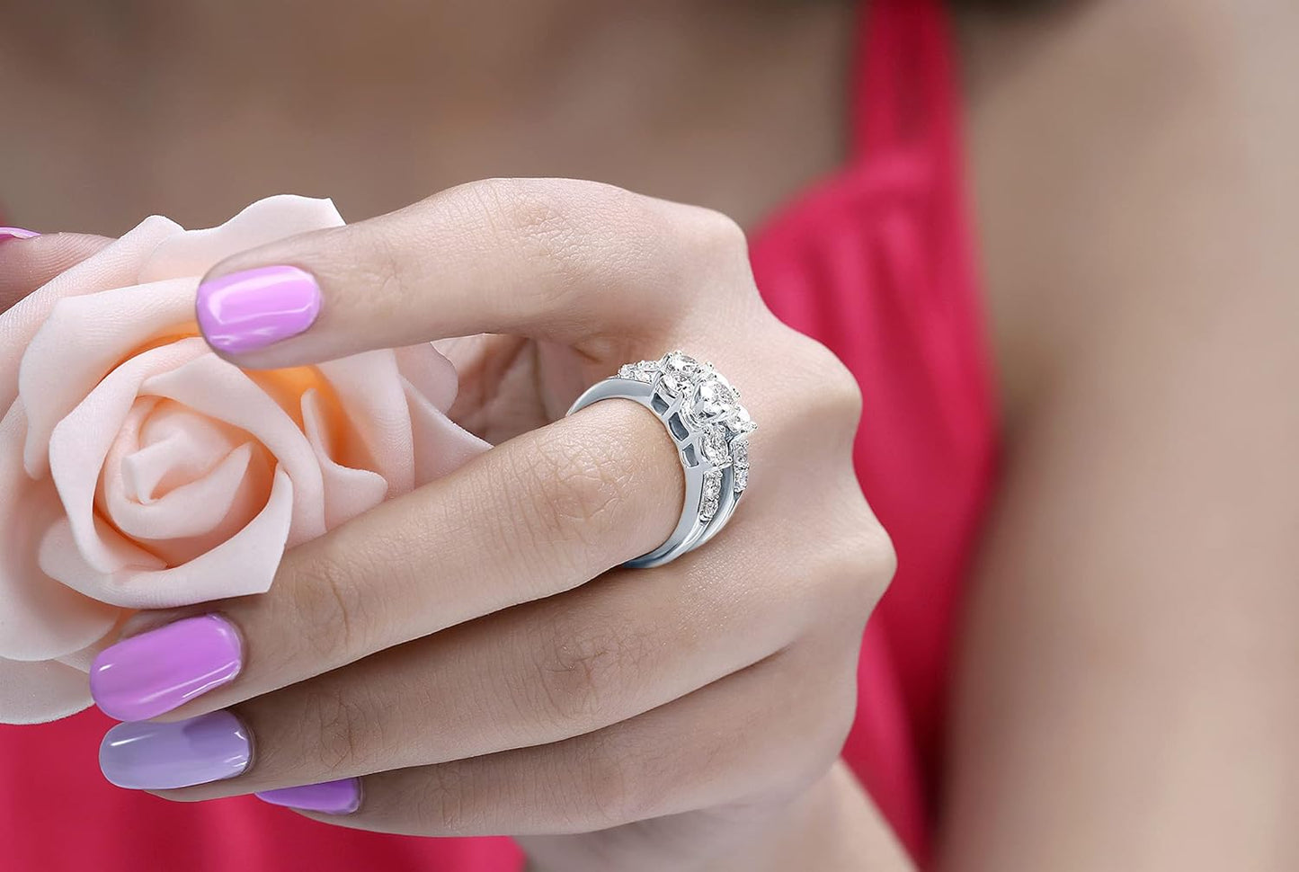 (Weißgold, 8) - 1,80 Karat (ctw) 14 Karat Gold runder Diamant Damen 3 Steine Braut-Verlobungsring passendes Band-Set