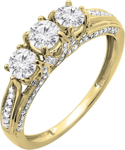 14 K 1.00 Carat (CTW) Round Vintage Bridal Jewellery 3 Stone Diamond Engagement Ring 1 Carat