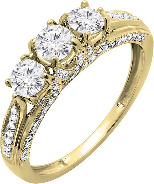 14 K 1.00 Carat (CTW) Round Vintage Bridal Jewellery 3 Stone Diamond Engagement Ring 1 Carat