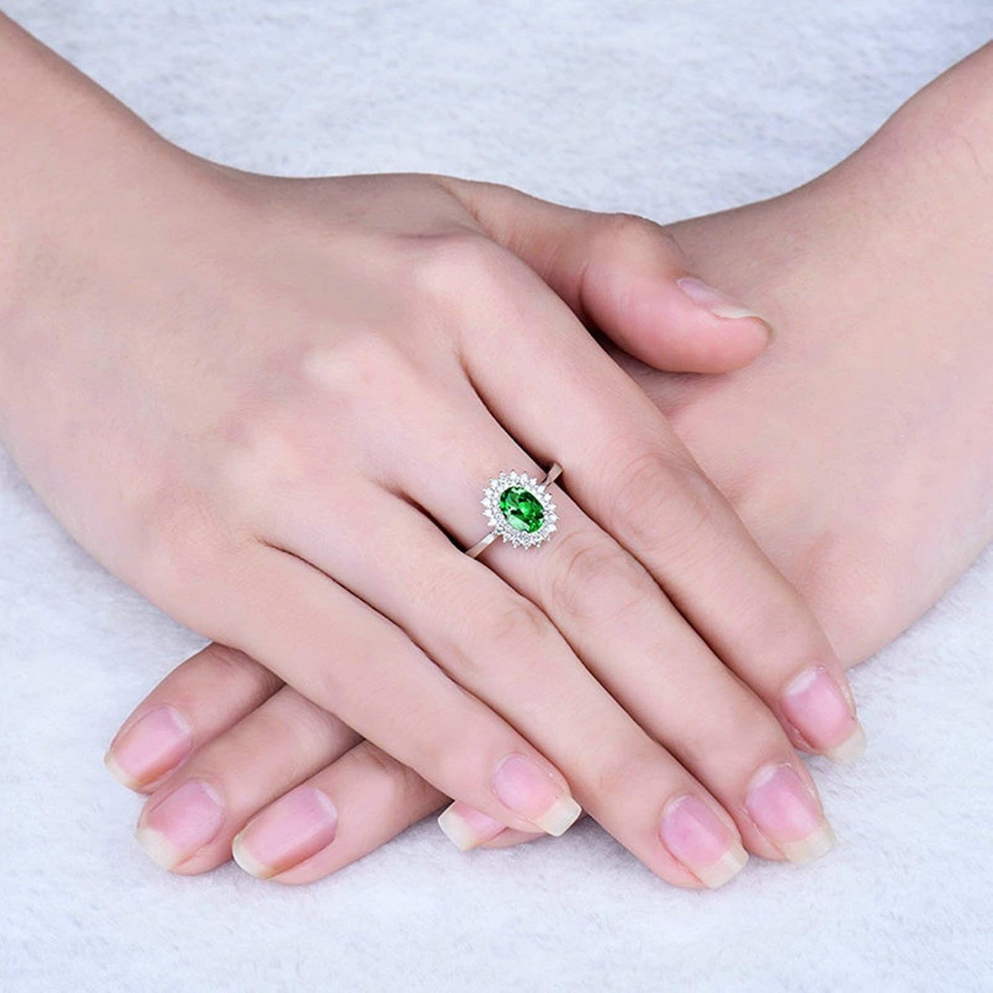 Women's Wedding Rings 750 Real Flower Ring with Oval Tsavorite 0.76 ct, Engagement Rings Wedding Ring White Gold Diamond
