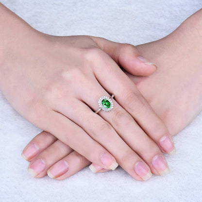 Women's Wedding Rings 750 Real Flower Ring with Oval Tsavorite 0.76 ct, Engagement Rings Wedding Ring White Gold Diamond