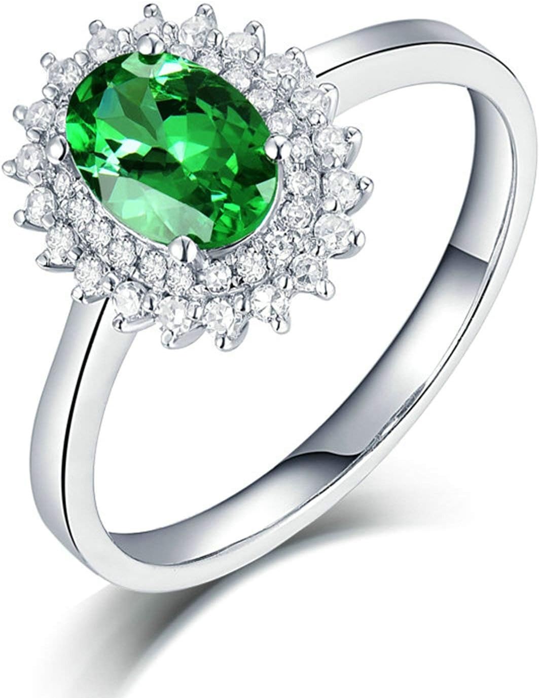 Women's Wedding Rings 750 Real Flower Ring with Oval Tsavorite 0.76 ct, Engagement Rings Wedding Ring White Gold Diamond