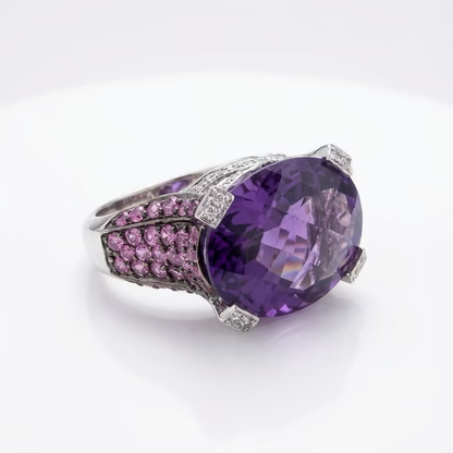 Exclusive 18 carat white gold ring amethysts, rubies diamonds