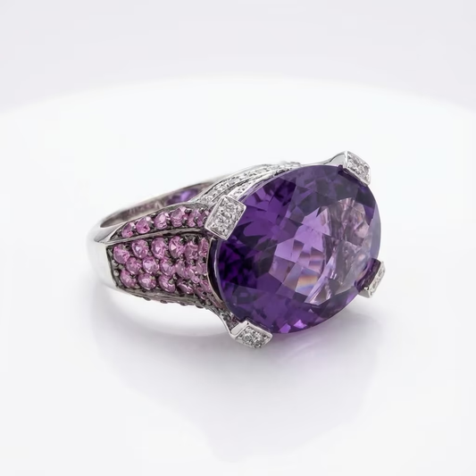 Exklusiver 18 Karat Weißgold-Ring Amethysten, Rubinen Diamanten