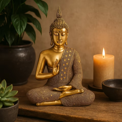 Buddha Statue aus Polyresin – Goldene Harmonie für dein Zuhause