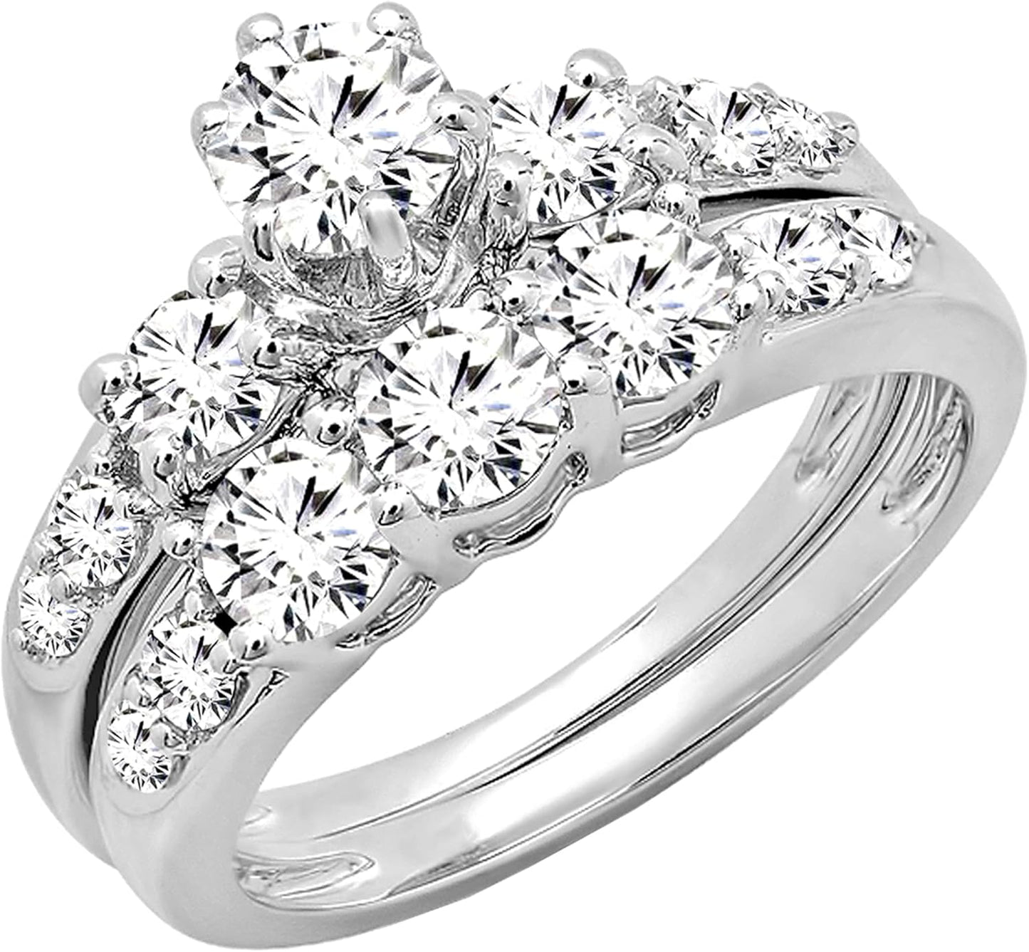 (Weißgold, 8) - 1,80 Karat (ctw) 14 Karat Gold runder Diamant Damen 3 Steine Braut-Verlobungsring passendes Band-Set