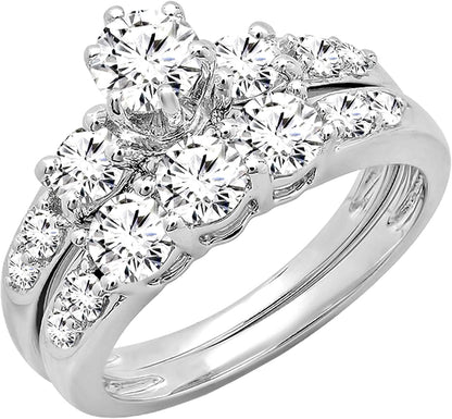 (Weißgold, 8) - 1,80 Karat (ctw) 14 Karat Gold runder Diamant Damen 3 Steine Braut-Verlobungsring passendes Band-Set