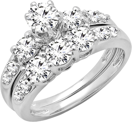 (Weißgold, 8) - 1,80 Karat (ctw) 14 Karat Gold runder Diamant Damen 3 Steine Braut-Verlobungsring passendes Band-Set