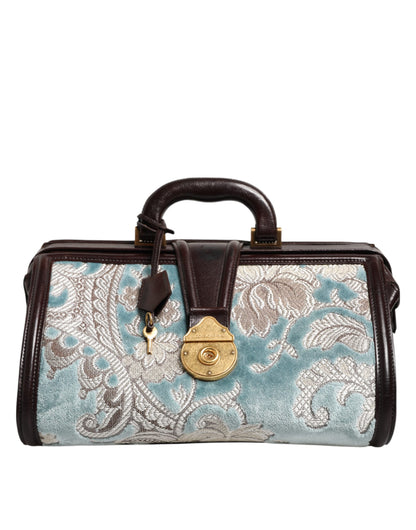 Dolce & Gabbana Blau Braun Leder Floral Jacquard Reisetasche – Exklusiver Duffle Bag