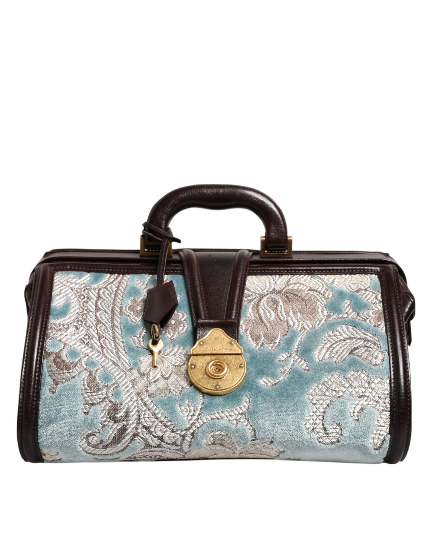 Dolce & Gabbana Blau Braun Leder Floral Jacquard Reisetasche – Exklusiver Duffle Bag