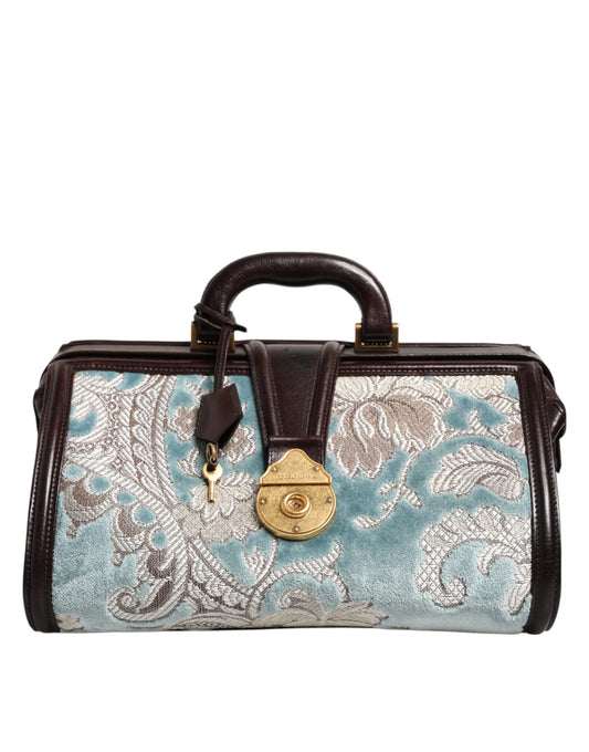 Dolce & Gabbana Blau Braun Leder Floral Jacquard Reisetasche – Exklusiver Duffle Bag