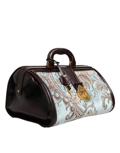 Dolce & Gabbana Blau Braun Leder Floral Jacquard Reisetasche – Exklusiver Duffle Bag