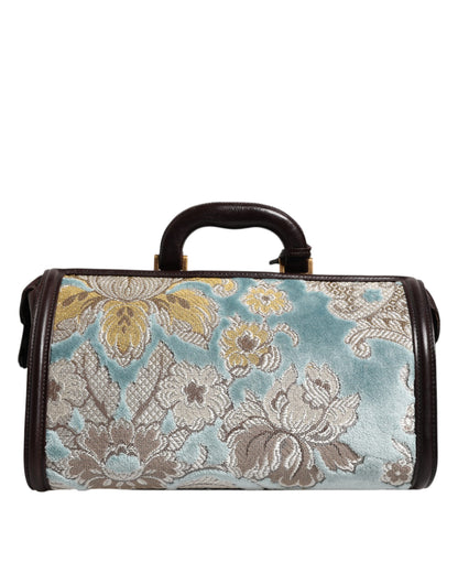 Dolce & Gabbana Blau Braun Leder Floral Jacquard Reisetasche – Exklusiver Duffle Bag