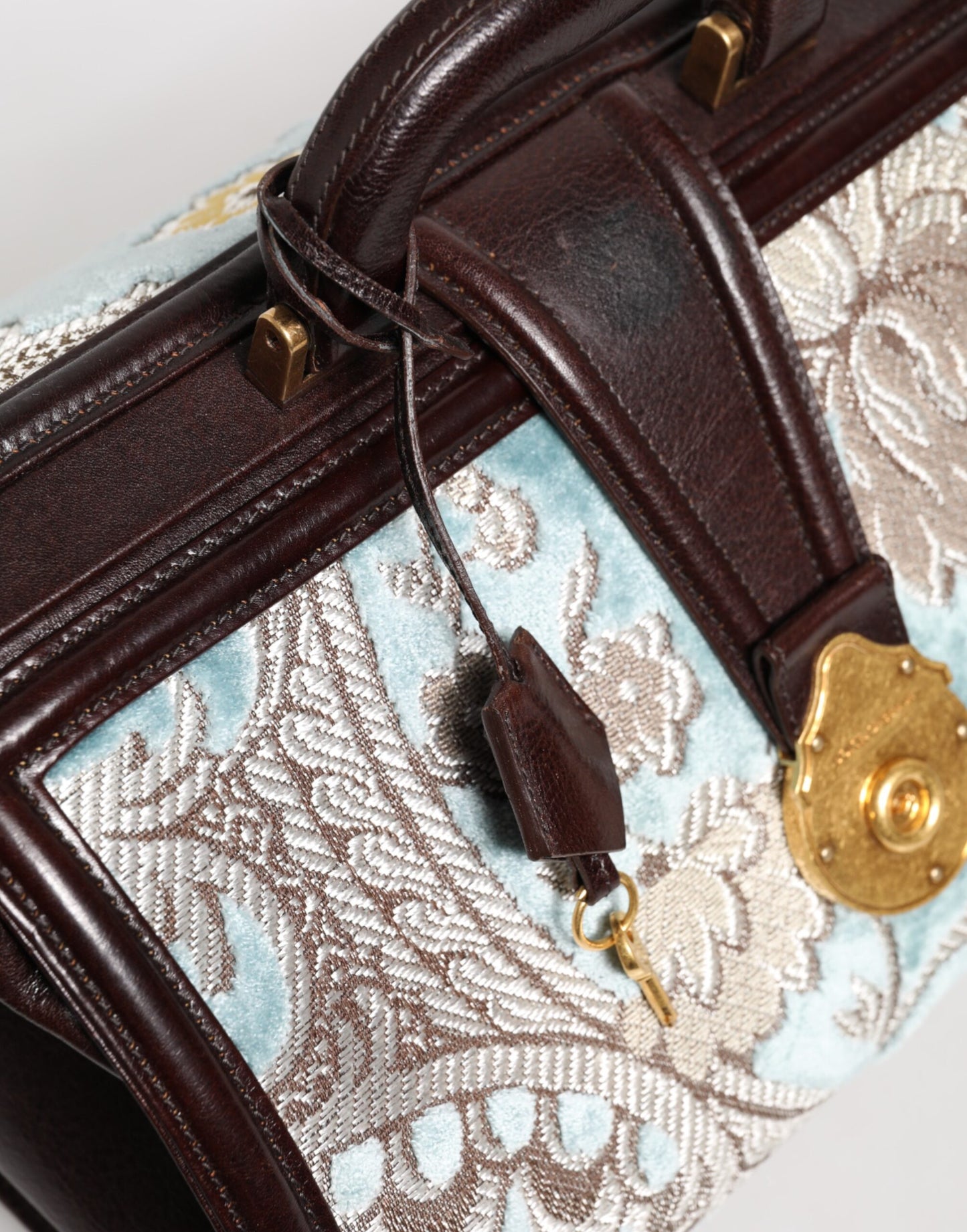 Dolce & Gabbana Blau Braun Leder Floral Jacquard Reisetasche – Exklusiver Duffle Bag
