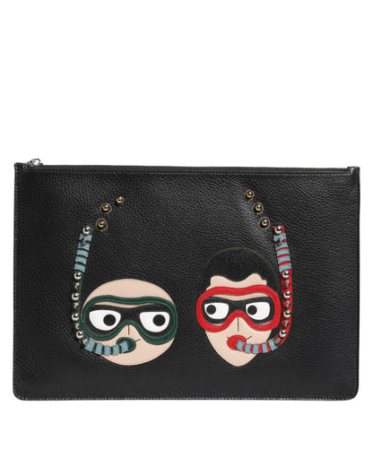 Dolce & Gabbana Schwarzes Leder #DGFAMILY Herren Clutch Pouch Tasche - Exquisite Luxusaccessoires