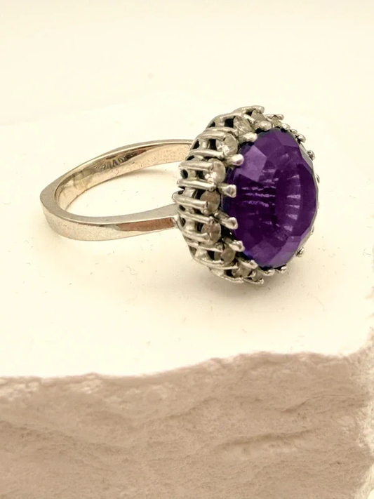Echter Amethyst Ring 14k Weißgold 585 mit Diamanten – Vintage Cocktail Ring Violett