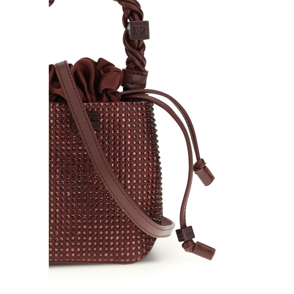 Ganni Mini Bou Buckle Bag aus recyceltem Polyester in Bordeaux – Elegante Handtasche mit Strass