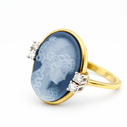 Vintage Cameo Ring 14k Gold mit Diamanten – Blaue Achat Gemme