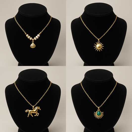 Goldfarbene Halsketten Damen Set – Muschel Sonne Pferd grüner Stein