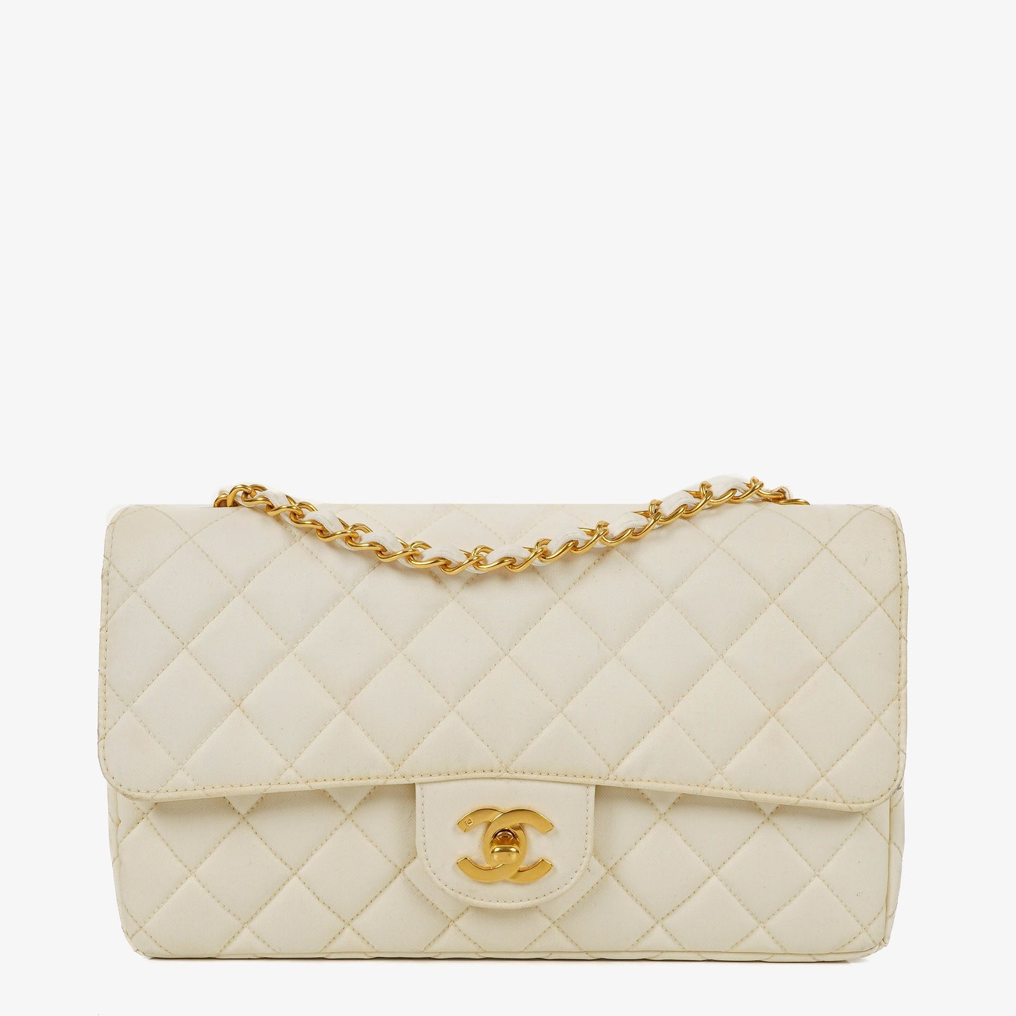 Chanel Medium Classic Single Flap Tasche aus weißem Stoff mit 24K vergoldeter Hardware