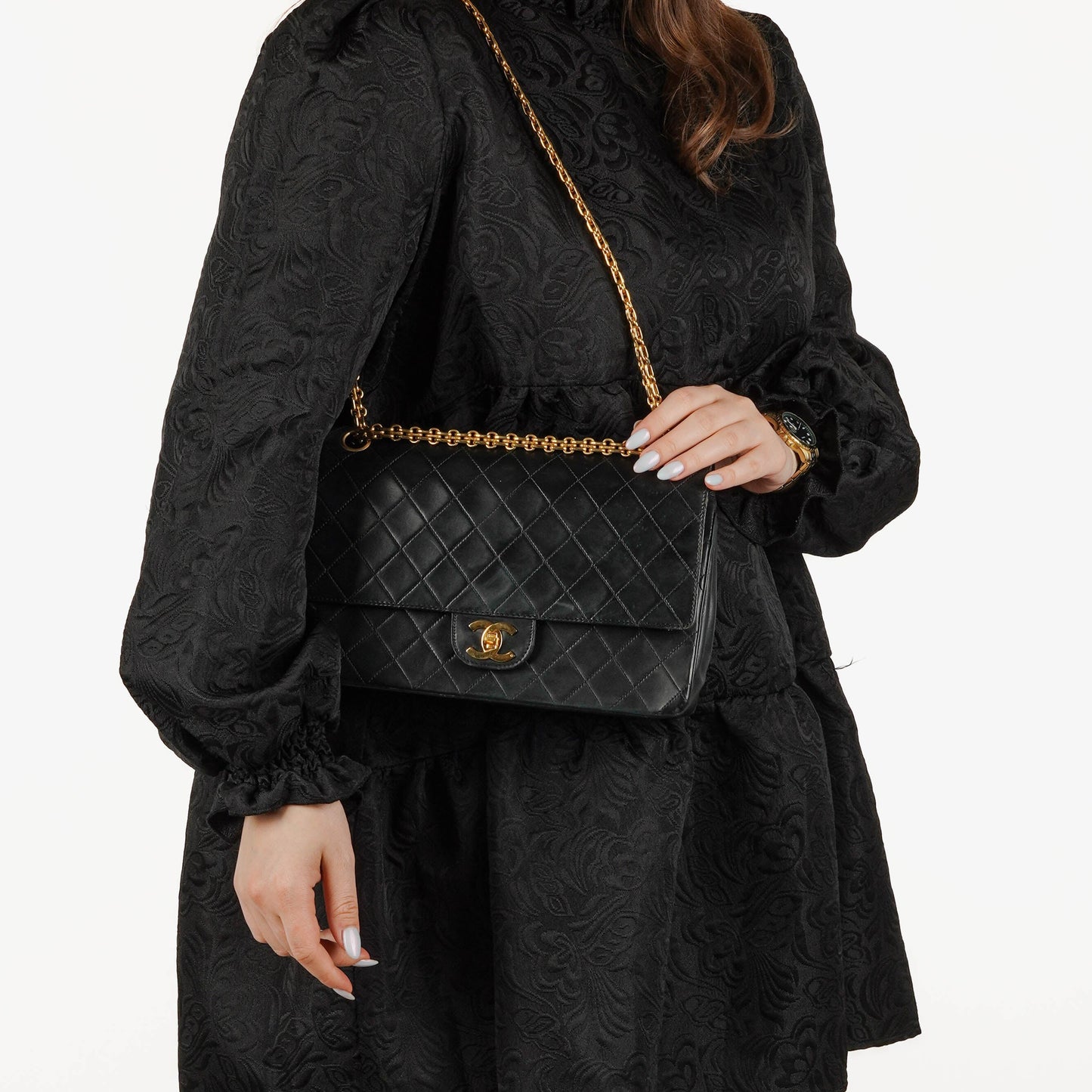 Chanel Vintage Medium Timeless Classic Double Flap Tasche aus schwarzem gestepptem Lammleder mit 24K vergoldeter Hardware und Mademoiselle-Kette