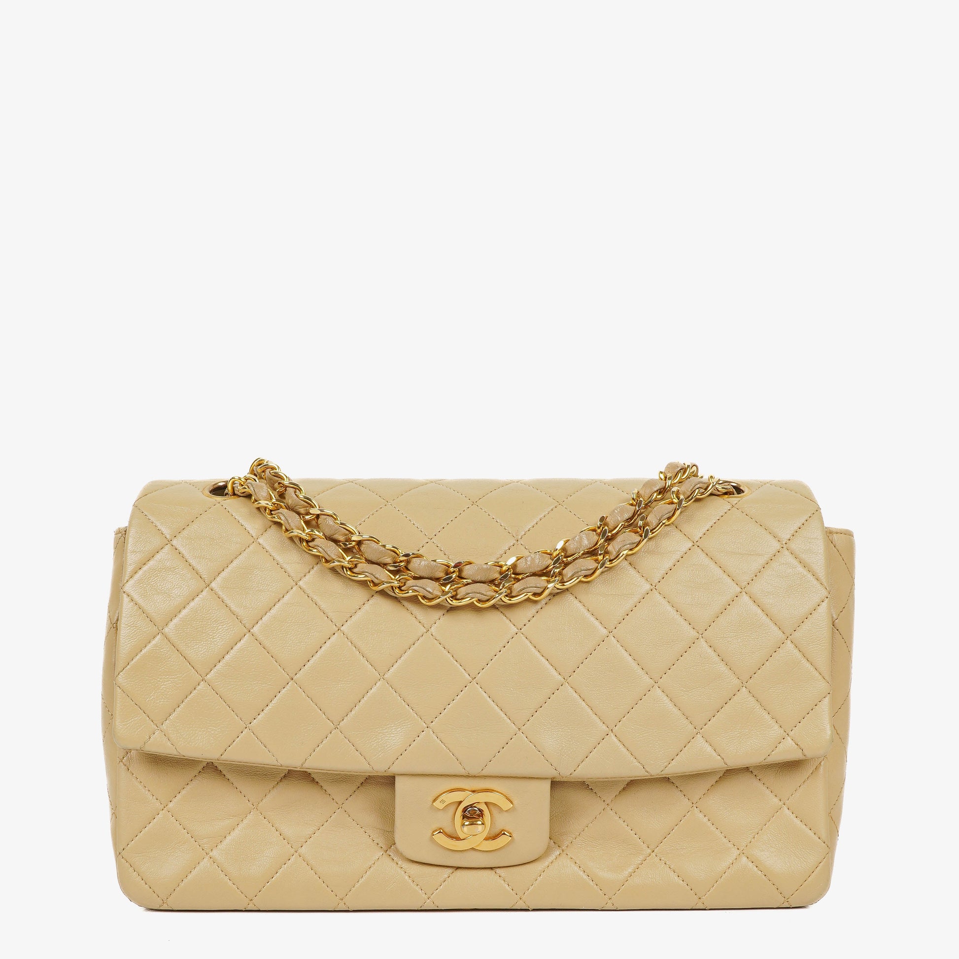 Chanel Classic Single Flap Tasche aus gestepptem Lammleder in Neutral Beige mit 24K vergoldeter Hardware