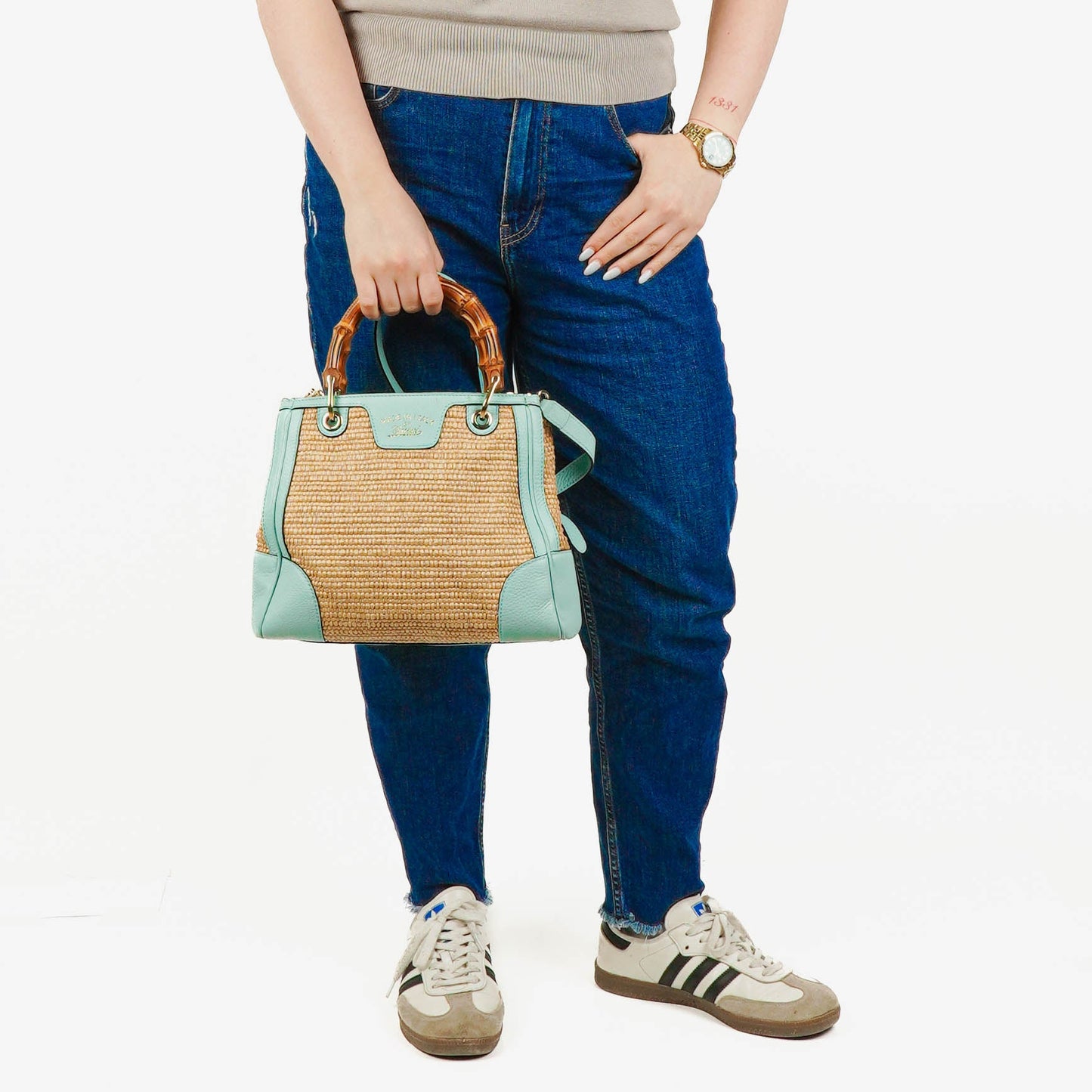 Gucci Bamboo Shopper Tote Bag aus geflochtenem Stroh und Leder