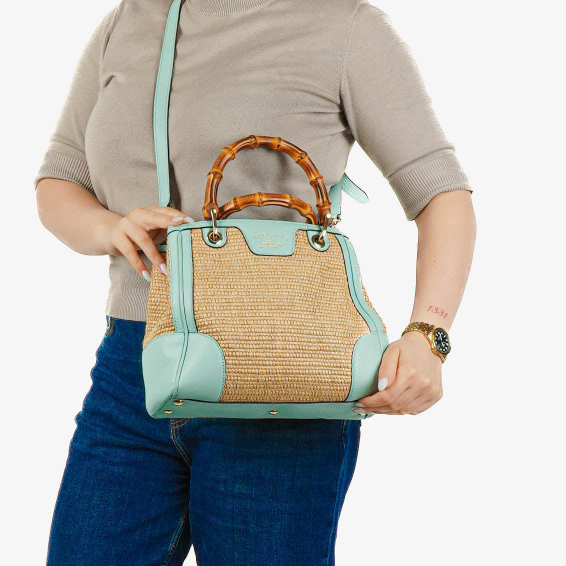 Gucci Bamboo Shopper Tote Bag aus geflochtenem Stroh und Leder