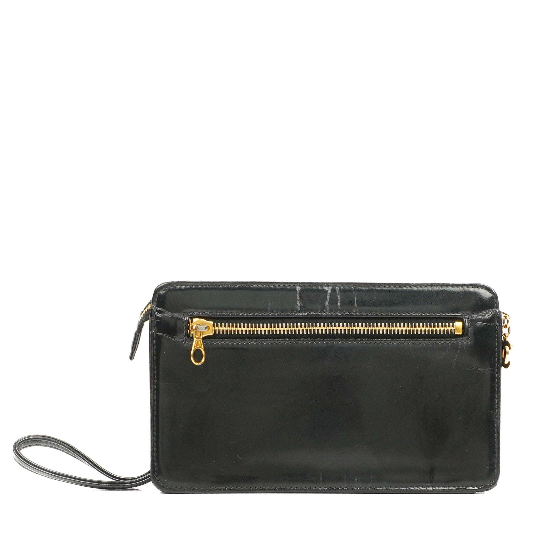 Chanel CC Handgelenktasche aus schwarzem Lackleder mit 24K Goldbeschlägen