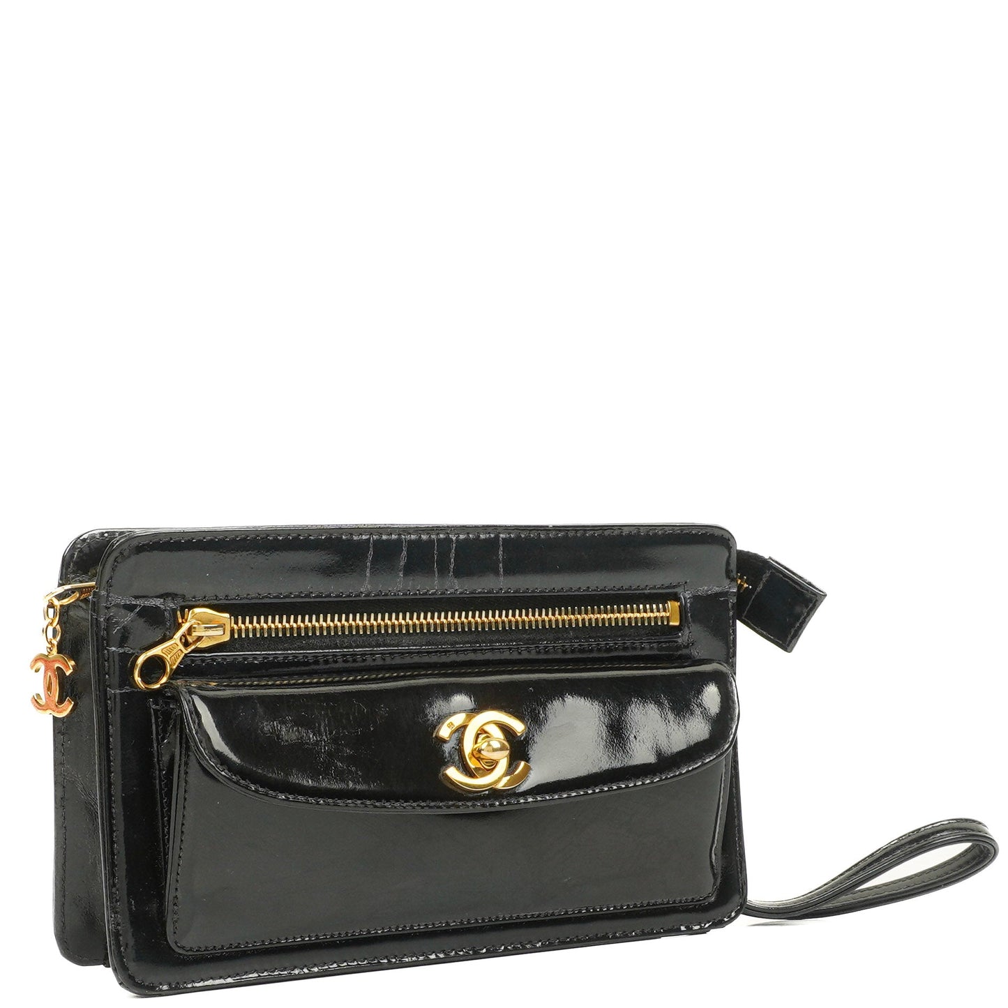 Chanel CC Handgelenktasche aus schwarzem Lackleder mit 24K Goldbeschlägen